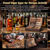 3-In-1 Dark Brown Cigar Humidor, Portable Leather Cedar Wood Cigar Case with Cigar Lighter V Cigar Cutter Cigar Holder