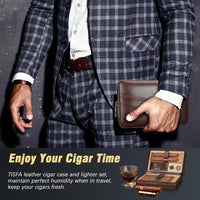 3-In-1 Dark Brown Cigar Humidor, Portable Leather Cedar Wood Cigar Case with Cigar Lighter V Cigar Cutter Cigar Holder
