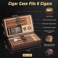 3-In-1 Dark Brown Cigar Humidor, Portable Leather Cedar Wood Cigar Case with Cigar Lighter V Cigar Cutter Cigar Holder