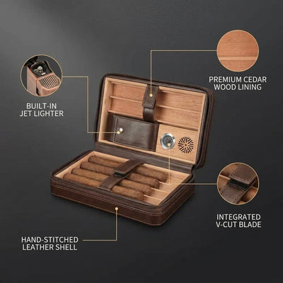 3-In-1 Dark Brown Cigar Humidor, Portable Leather Cedar Wood Cigar Case with Cigar Lighter V Cigar Cutter Cigar Holder