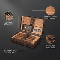 3-In-1 Dark Brown Cigar Humidor, Portable Leather Cedar Wood Cigar Case with Cigar Lighter V Cigar Cutter Cigar Holder — Lifestyle