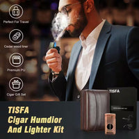 3-In-1 Dark Brown Cigar Humidor, Portable Leather Cedar Wood Cigar Case with Cigar Lighter V Cigar Cutter Cigar Holder