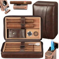 3-In-1 Dark Brown Cigar Humidor, Portable Leather Cedar Wood Cigar Case with Cigar Lighter V Cigar Cutter Cigar Holder