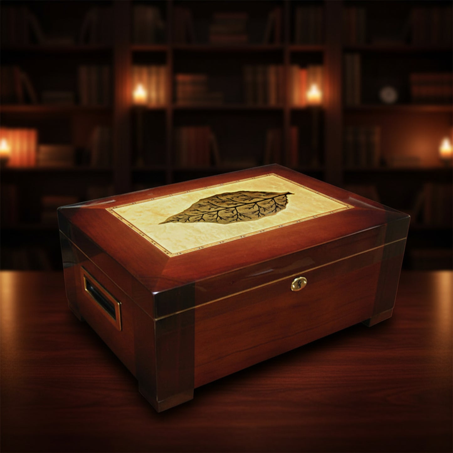 Glossy Dark Burl Wood Finish Tobacco Leaf Inlay Cigar Humidor