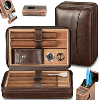 3-In-1 Dark Brown Cigar Humidor, Portable Leather Cedar Wood Cigar Case with Cigar Lighter V Cigar Cutter Cigar Holder — Studio Shot