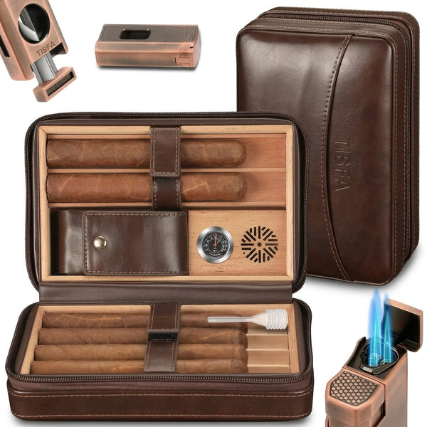 3-In-1 Dark Brown Cigar Humidor, Portable Leather Cedar Wood Cigar Case with Cigar Lighter V Cigar Cutter Cigar Holder
