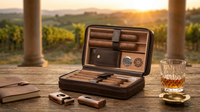 3-In-1 Dark Brown Cigar Humidor, Portable Leather Cedar Wood Cigar Case with Cigar Lighter V Cigar Cutter Cigar Holder — Lifestyle